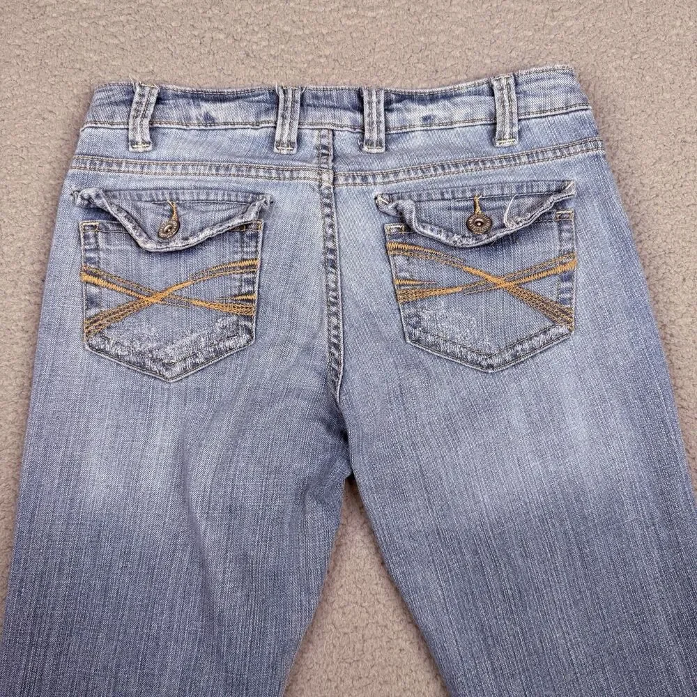 Aeropostale Flare Jeans Womens 3/4S Light Wash Low Rise Y2K Stretch Denim Flap